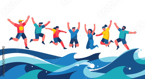 Joyful Group Of Diverse People Leaping Over Foamy Ocean Waves Against Dark Night