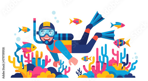 Joyful Scuba Diver Exploring Aquatic Realm With Vivid Fish Over A Coral Reef