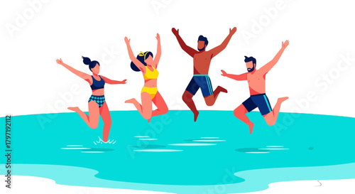 Joyful Group Of Friends Jumping Into Water, Embracing Summer Fun And Vacation Dreams