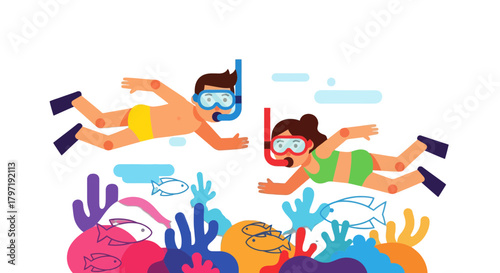 Joyful Snorkeling Adventure: Couple Exploring Vivid Underwater World During Vacation