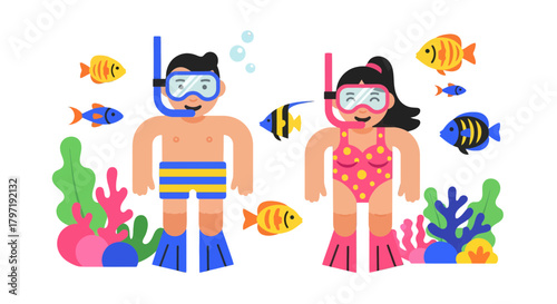 Joyful Snorkeling Adventure with Animated Characters and Oceanic Wildlife in Underwater World