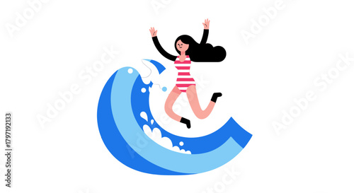 Joyful Summer Adventure: A Woman Surfing the Crest of a Vibrant Wave with a Swimsuit