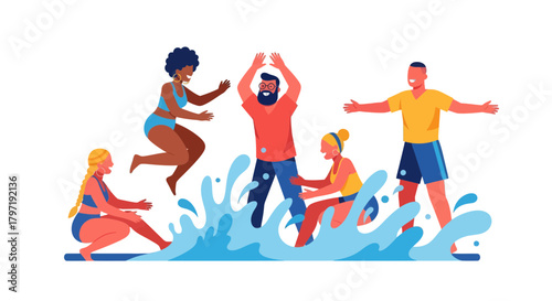 Joyful Group Of Friends Playing And Having Fun At The Water Park