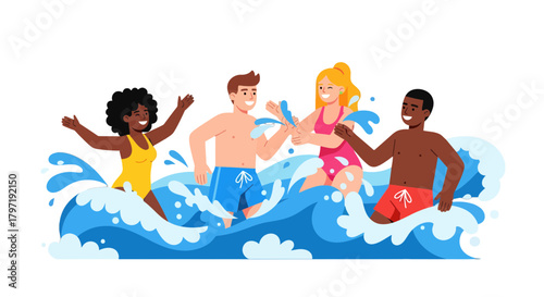 Joyful Group of Friends Playing in Water Splashing and Having Fun Together