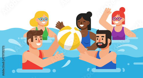 Joyful Group Of Friends Playing Water Volleyball During Summer Vacation Holiday Time Together