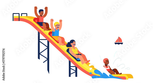 Joyful Summer Fun: Water Slide Adventure with Diverse People at Recreation Area