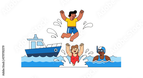 Joyful Summer Fun: People Enjoying Water Activities Near a Boat