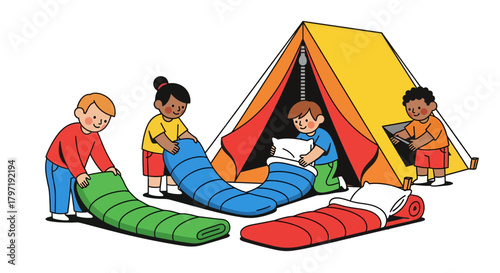 Joyful Group of Friends Prepare Cozy Camping Site for Their Outdoor Adventure Experience