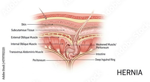Inguinal hernia anatomy diagram showing muscle and intestine
