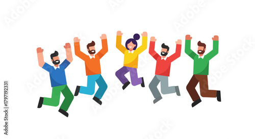 Joyful Group Of People Celebrating Success With Colorful Outfits and Background