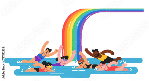 Joyful Swimmers Experience Rainbow Delight with Animated Cartoon in a Black Environment