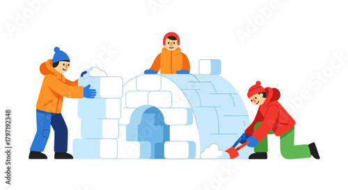 Joyful Team Effort Building Snow Igloo, Winter Outdoor Activity Fun Together