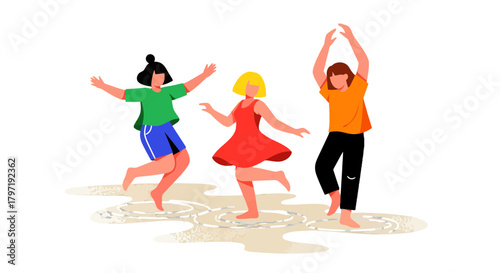 Joyful Trio Dancing Together Amidst Circles of Light And A Black Background