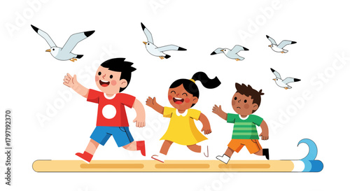 Joyful Trio Chasing Seagulls In Coastal Setting Under a Dramatic Black Evening Sky