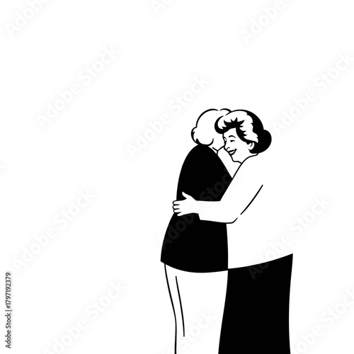 Two women embracing in a warm, minimalist black and white illustration, showing affection and friendship with a joyful smile.
