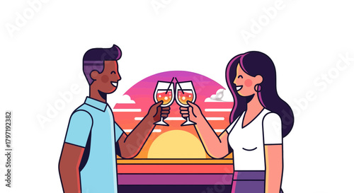 Joyful Toast Celebrates a Charming Couple Enjoying a Sunset Drink Together