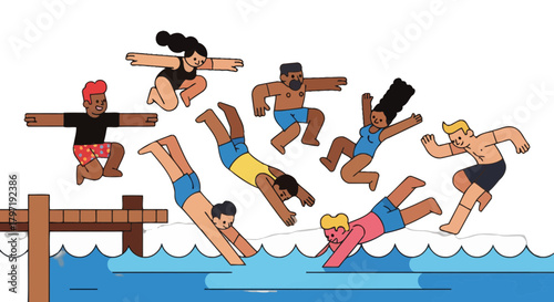 Joyful Group Of People Diving Into Water After Having Fun Near The Pier
