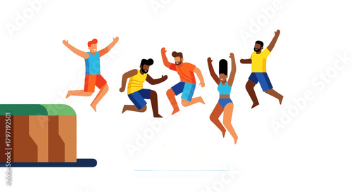 Joyful Group Of People Leaping Into Water, Creating A Fun And Cheerful Scene