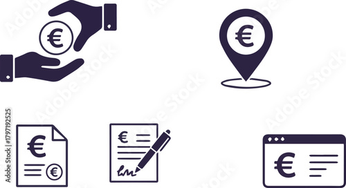Financial Icons representing Currency Exchange, Payment Processing, Investment, and Location-Based Transactions