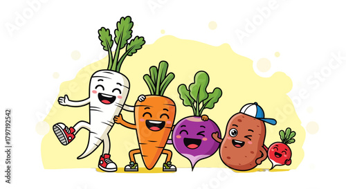Joyful Vegetables Embrace and Celebrate Friendship with Whimsical Charm and Delightful Mirth
