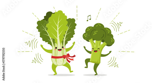 Joyful Vegetables Dancing: A Fun and Energetic Illustration with Musical Notes