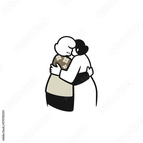 Two stylized figures, possibly women, embracing each other warmly, depicted in a simple line art illustration on a white background.