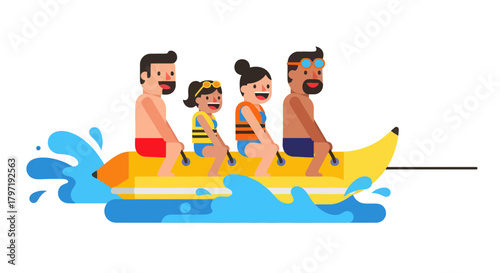 Joyful Group Riding Banana Boat During Sunny Day, Enjoying Summer Time Fun