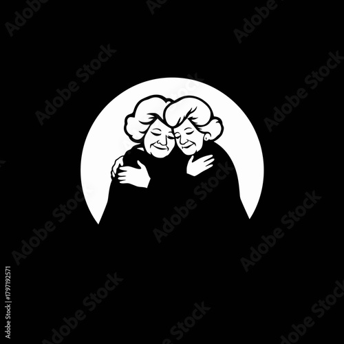 A heartwarming black and white illustration of two elderly women embracing tenderly within a circle.