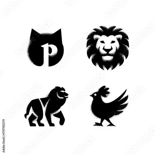 Gritty black and white animal stencil silhouette icons set featuring cat head, majestic lion, and farm chicken for graphic design.