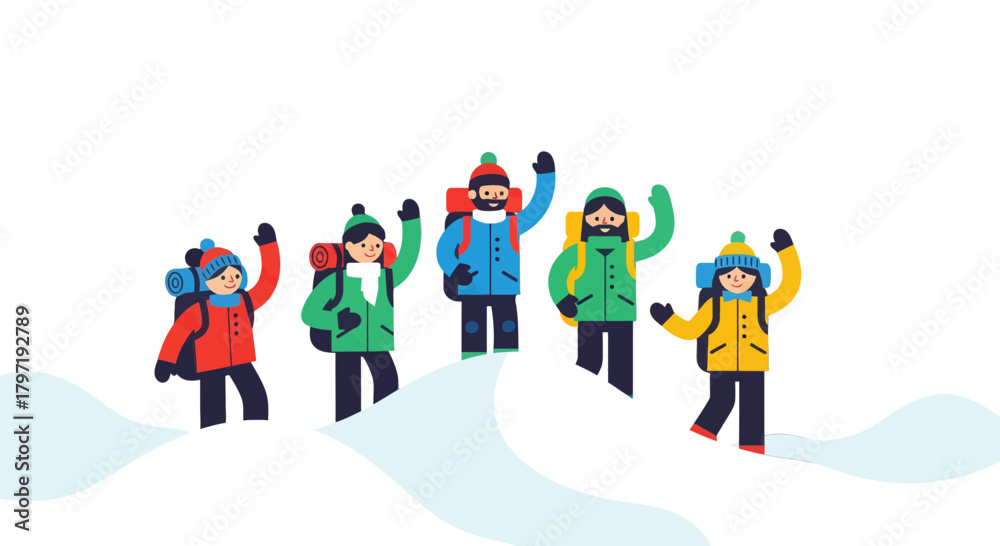 Fototapeta premium Joyous Group Of Trekkers Celebrate Victory After Successfully Conquering Difficult Terrain