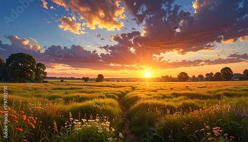 Majestic sunset over rural field with wildflowers in full bloom landscape