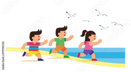 Joyous Children Dash Along Beach Under Soaring Gulls Depicting Freedom And Adventure