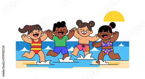 Joyous Children Playing and Running Enthusiastically on the Sandy Shores of the Beach for Delight