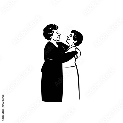 A black and white illustration of two elderly women smiling and embracing each other warmly.