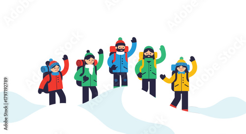 Joyous Group Of Trekkers Celebrate Victory After Successfully Conquering Difficult Terrain