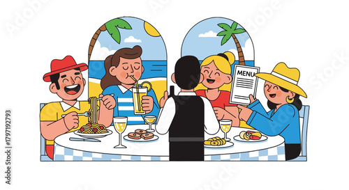 Joyous Friends Enjoying Gourmet Food And Drinks At Beachfront Restaurant Together