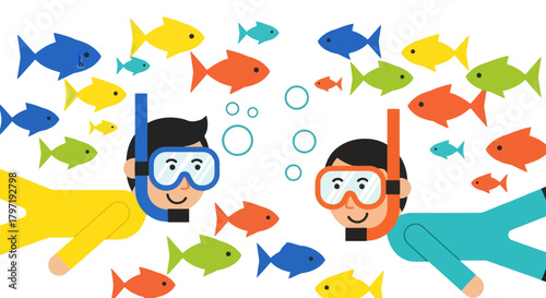 Joyous Underwater Exploration With Snorkelers And Colorful Fish On Black Background
