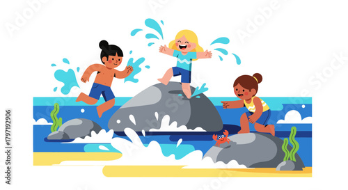 Joyful Illustration Of Children Playing, Splashing Water On Rocks With Crab Presenting Summer Fun