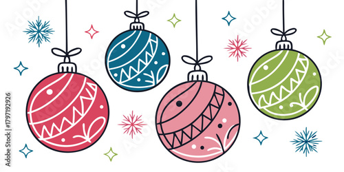 Holiday decoration set, hanging Christmas balls with bows and patterns on transparent Background. Christmas balls set on transparent Background.