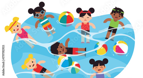 Joyful Illustration Showcasing Children Playing in Water, Beach Balls and Summer Fun