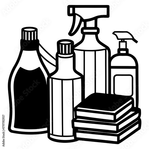 Collection of cleaning supplies and sponges silhouette isolated on white background isolated on transparent background