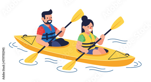 Kayak Adventure Of Two People, Fun Summer Activity In The Water, Vector Illustration