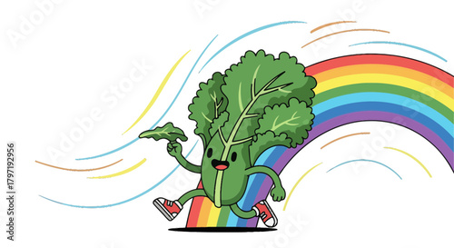Joyful Kale Character Sprinting Across a Rainbow After Having Fun in The Sunshine