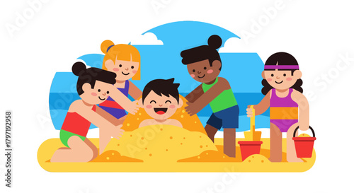 Joyful Kids Building Sandcastle Together During Happy Beachside Summer Vacation