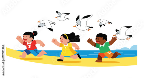 Joyful Kids Chasing Seabirds At The Beach Under A Dark Evening Sky Scene