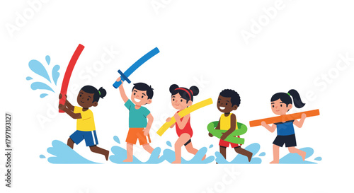Joyful Kids Enjoying Summer Fun With Water Toys And Swimming in a Sunny Environment