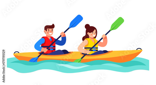 Kayak Adventure With Couple: Joyful Paddling on Calm Water in Vibrant Illustration