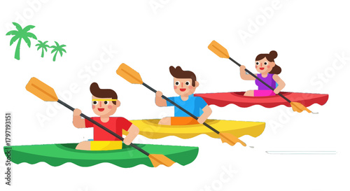 Kayak Adventures: Cartoon Friends Paddling Across The Calm Waters Of The Ocean