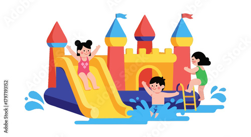 Joyful Kids Having Fun On A Vibrant Inflatable Water Slide And Castle
