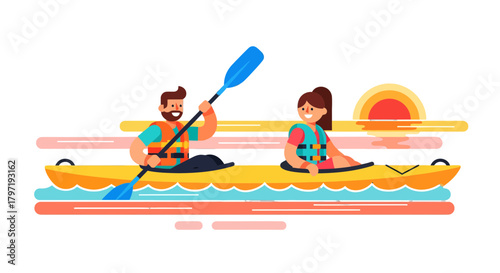 Kayak Adventures: Couple Enjoying Paddle in Sunlit Waters and Blissful Sunset